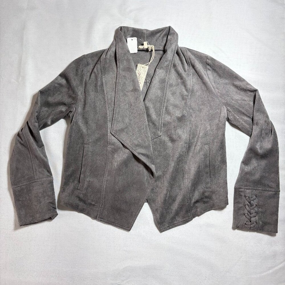 NWT Women's Mystree Faux Suede Draped Lapel Jacket Size Medium Charcoal Gray